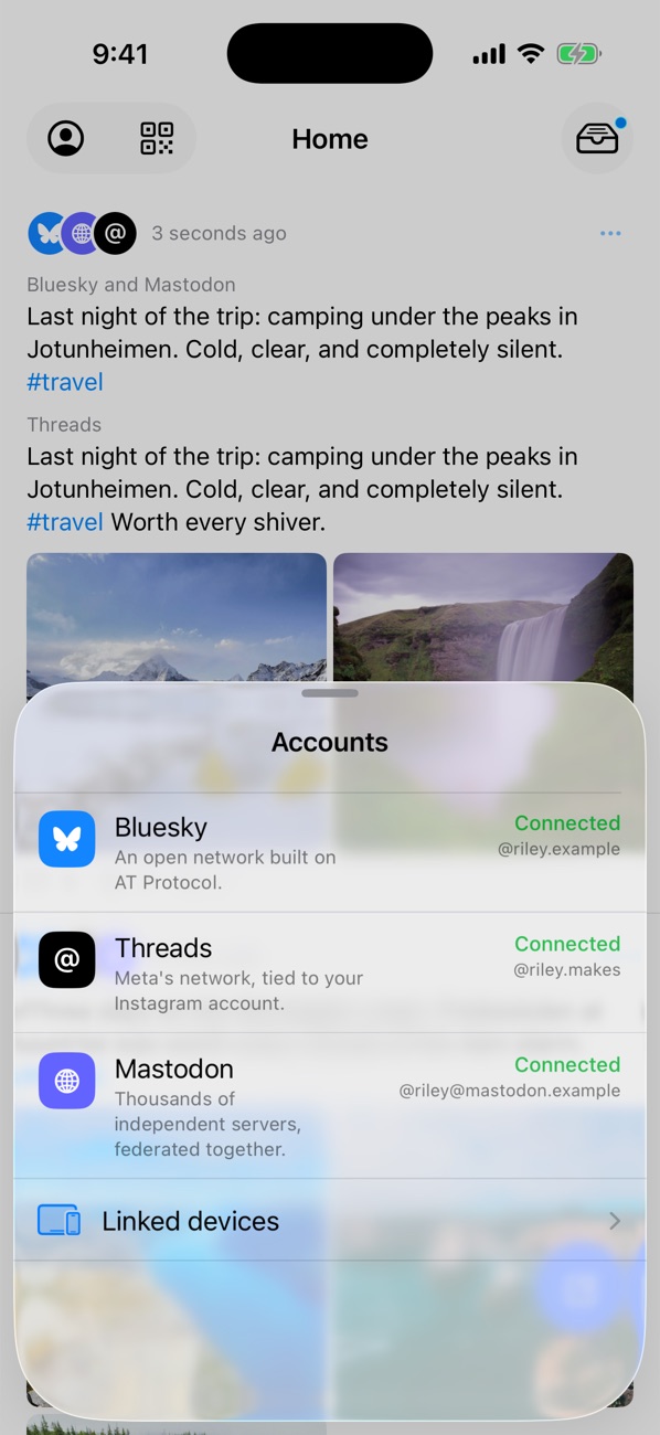 The Accounts sheet with Bluesky, Threads and Mastodon connected, and Linked devices below.