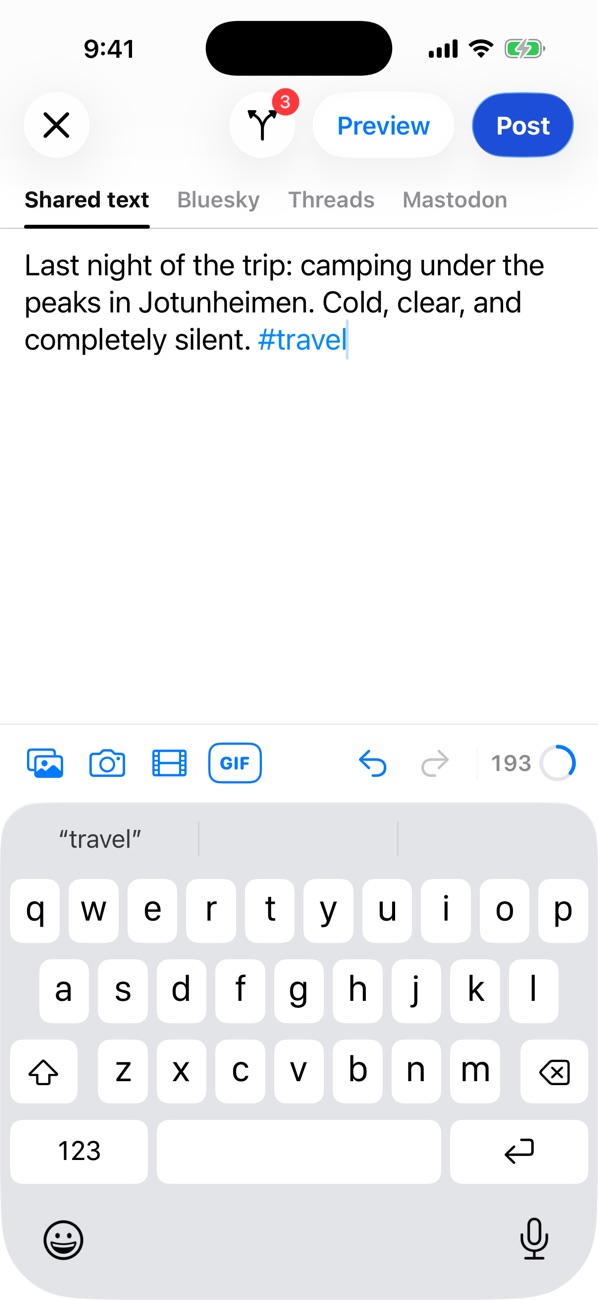 The composer with a post typed, a styled #travel hashtag, and a counter reading 193 characters left.