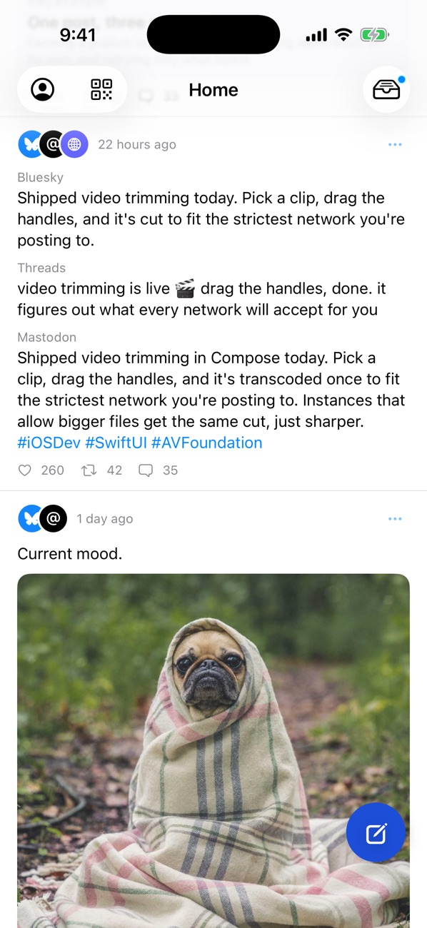 A post in the feed showing the text each network received, labelled Bluesky, Threads and Mastodon.