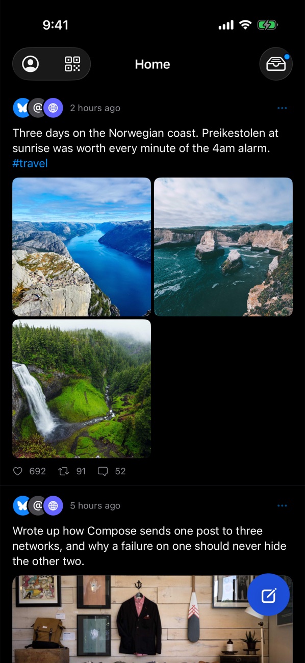 The Home feed in dark mode.