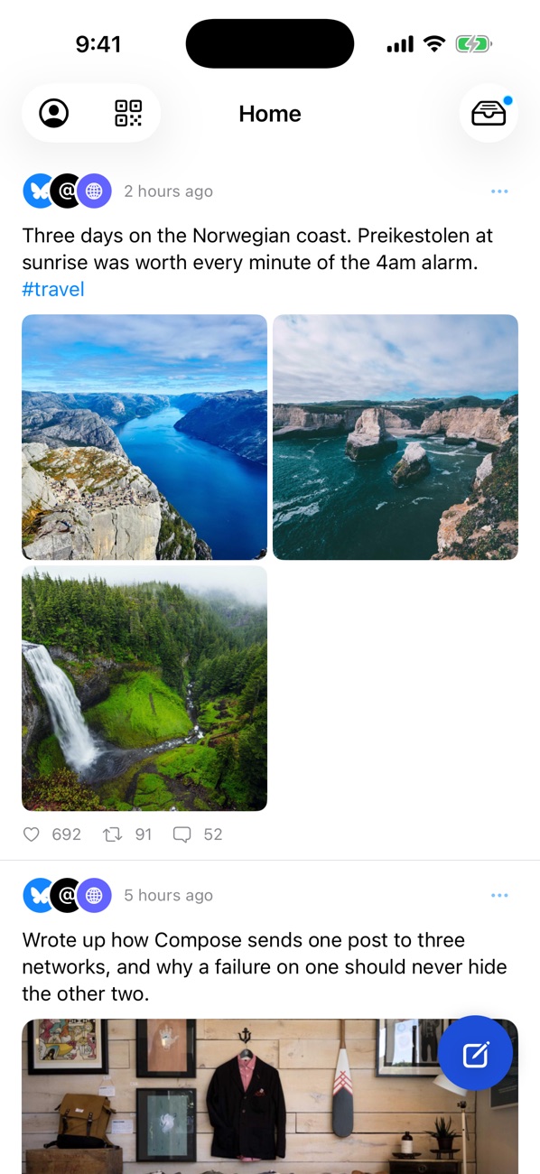 The Home feed: a post with three landscape photos, sent to Bluesky, Threads and Mastodon, with likes, reposts and replies.