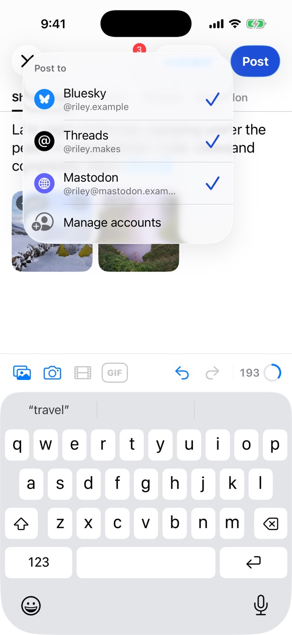 The Post to menu with Bluesky, Threads and Mastodon accounts, each checked.