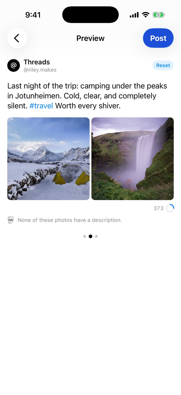 The Threads preview, showing the Threads text and both photos.