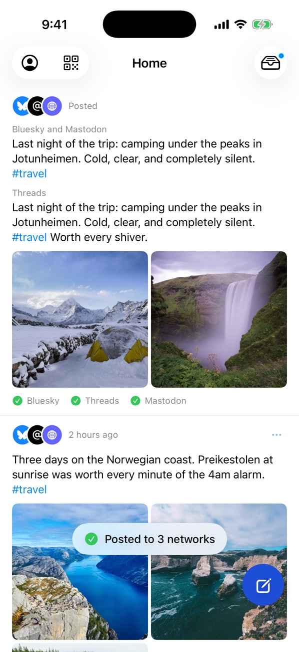 The new post at the top of Home with green checks for Bluesky, Threads and Mastodon, and a toast reading Posted to 3 networks.
